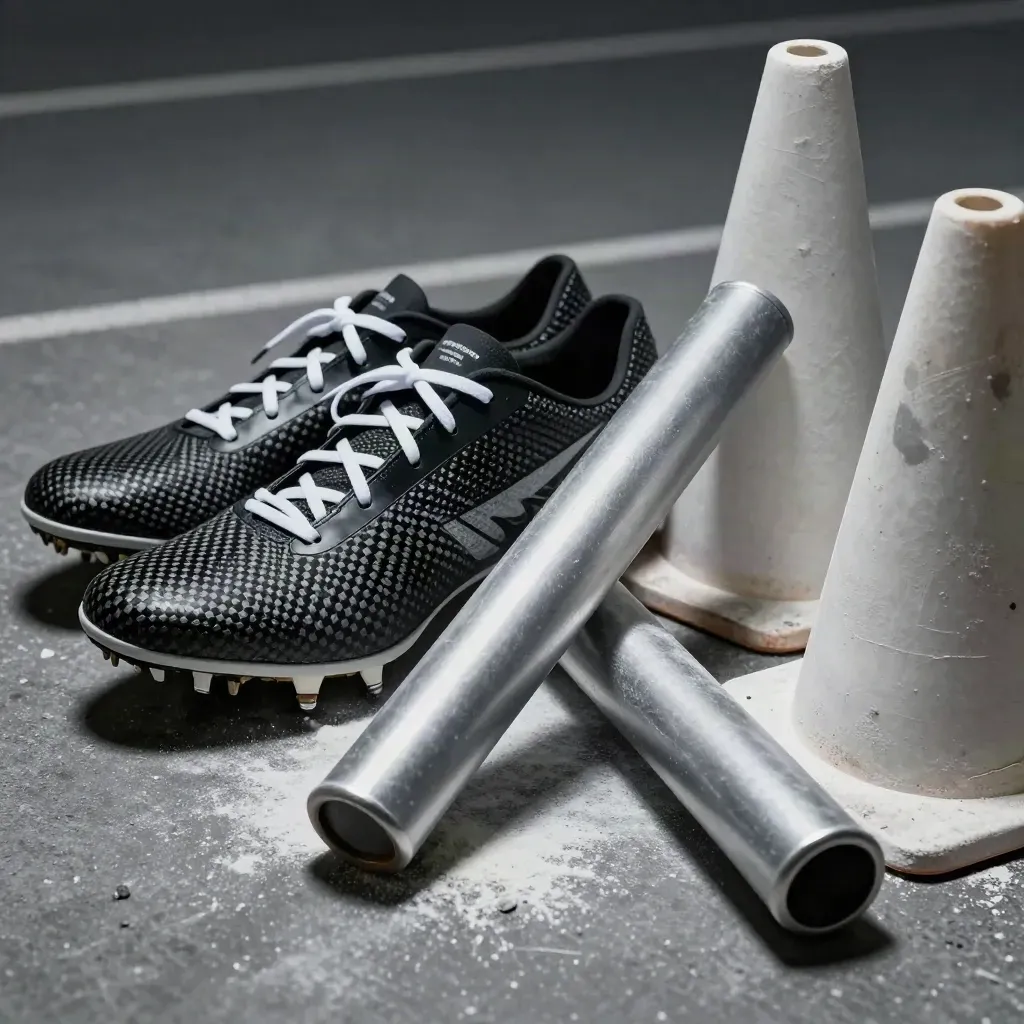 Carbon spikes, relay baton, chalk dust and lane cones on dark concrete, lit dramatically.