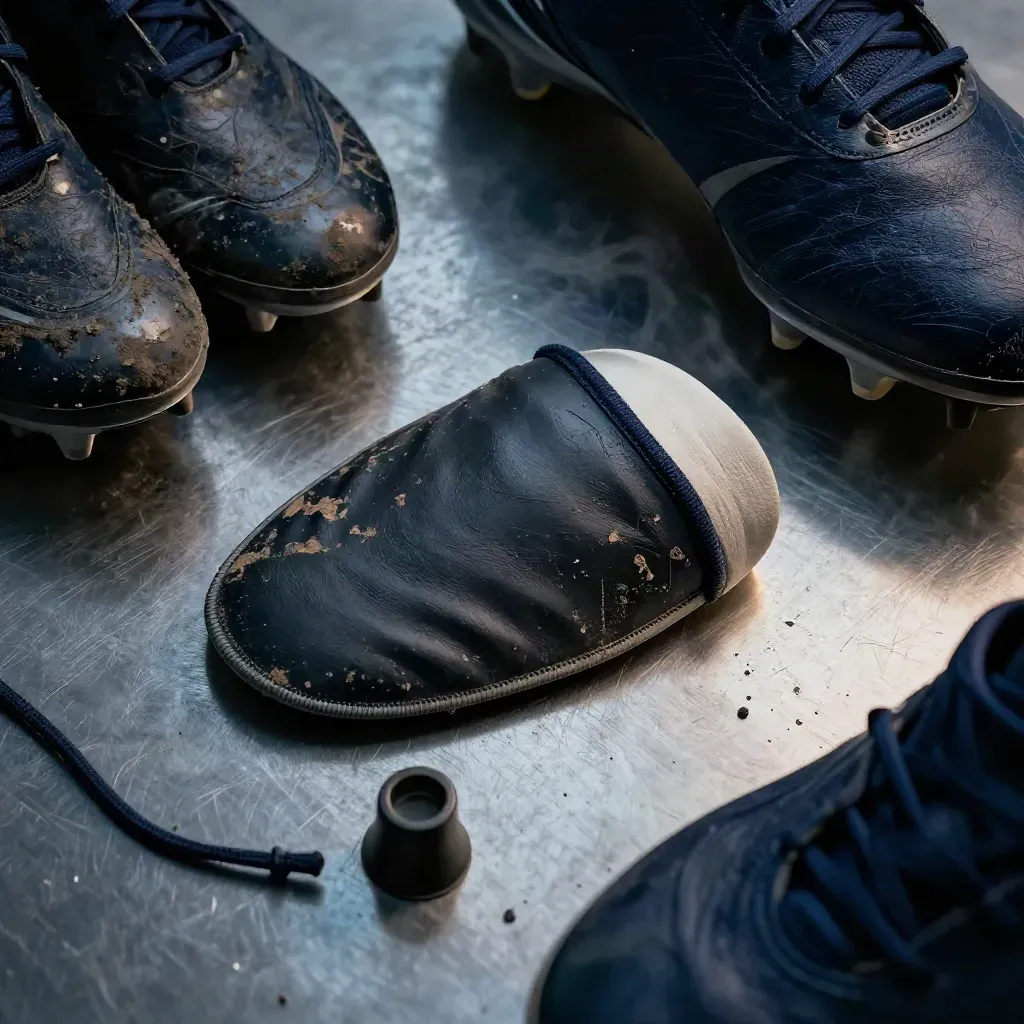 Football boot studs, shin guard, lace tip and taped heel on brushed steel in macro detail.