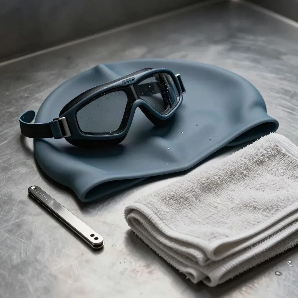 Wet swim goggles, cap, clip and towel drying on brushed metal with cool vapour
