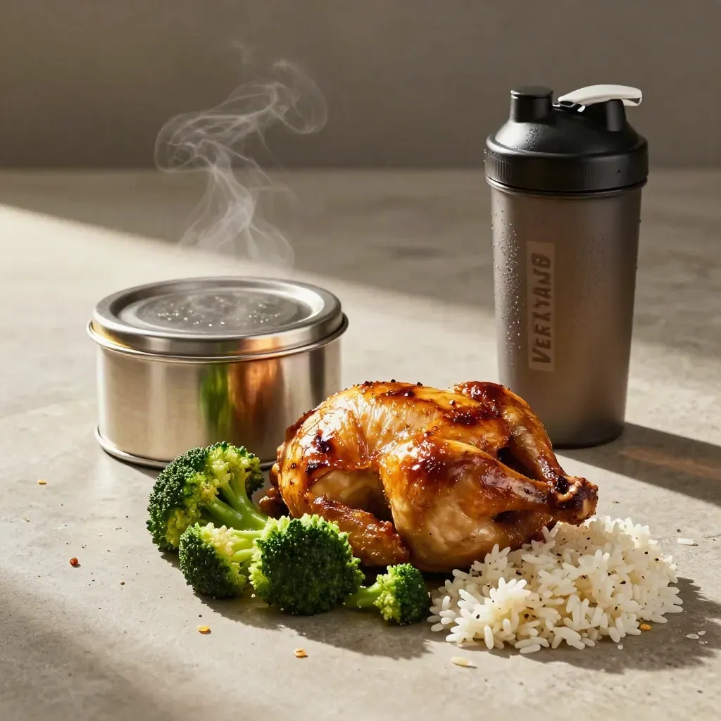 Top-down rugby meal prep on pale stone with chicken, rice, broccoli, steel lunch tin, and shaker bottle.