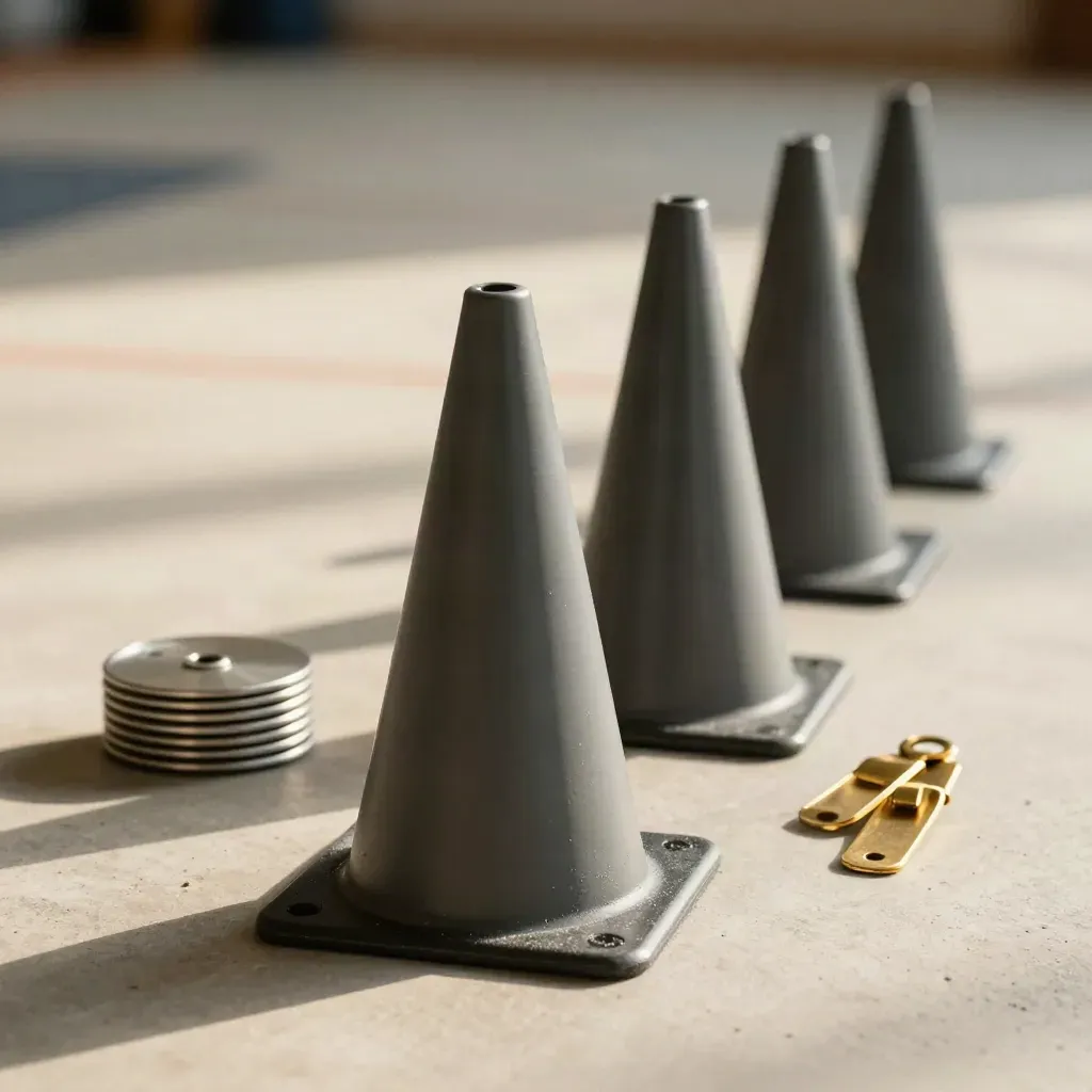 Training cones and lane markers snapped into a drill layout on concrete