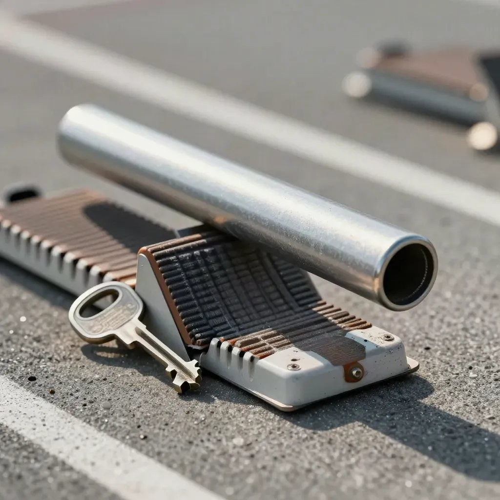 Macro of sprint start gear on concrete: starting-block pad, baton end, spike key and lane discs.