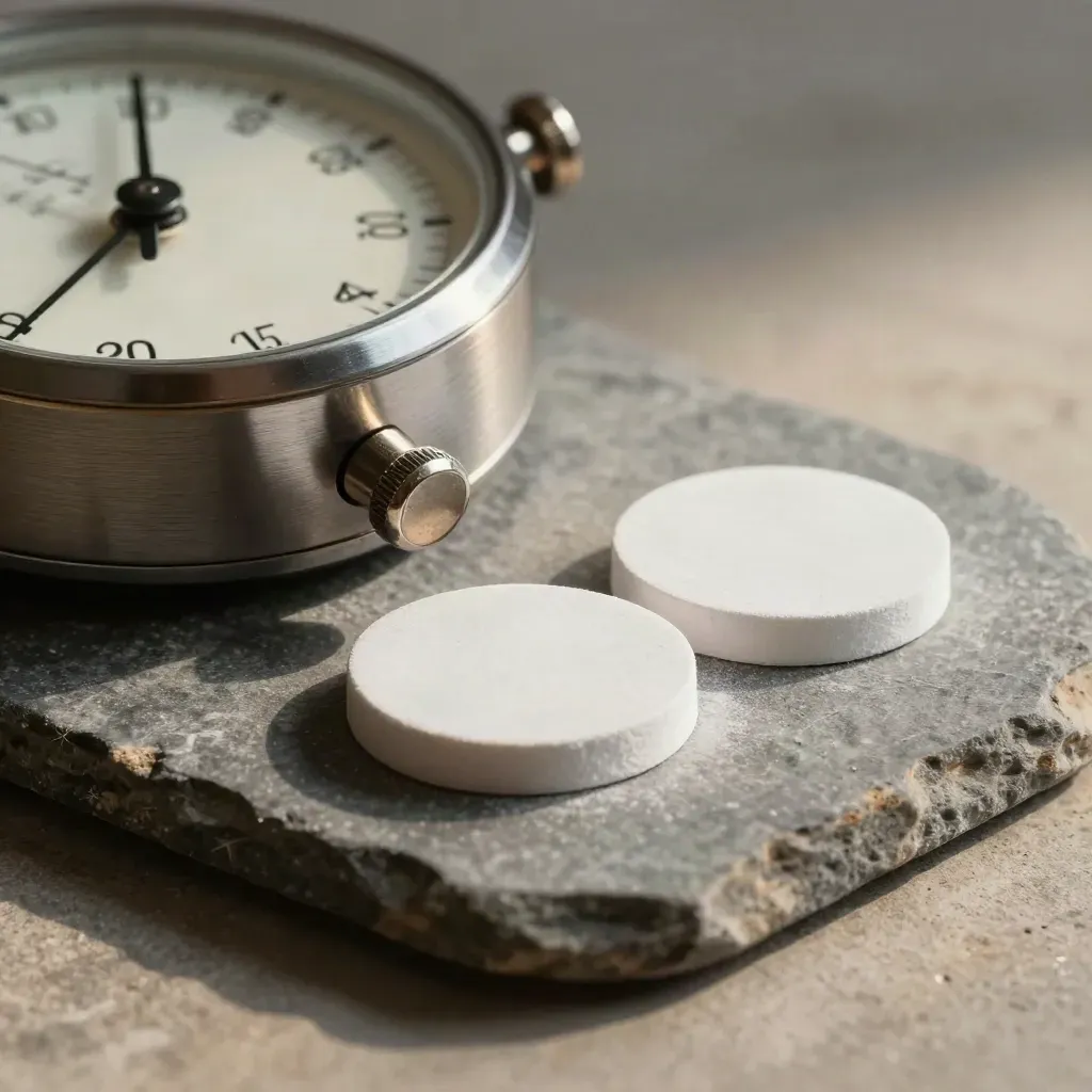 Analog pace clock and two chalk-white marker discs on a stone slab, lit dramatically.