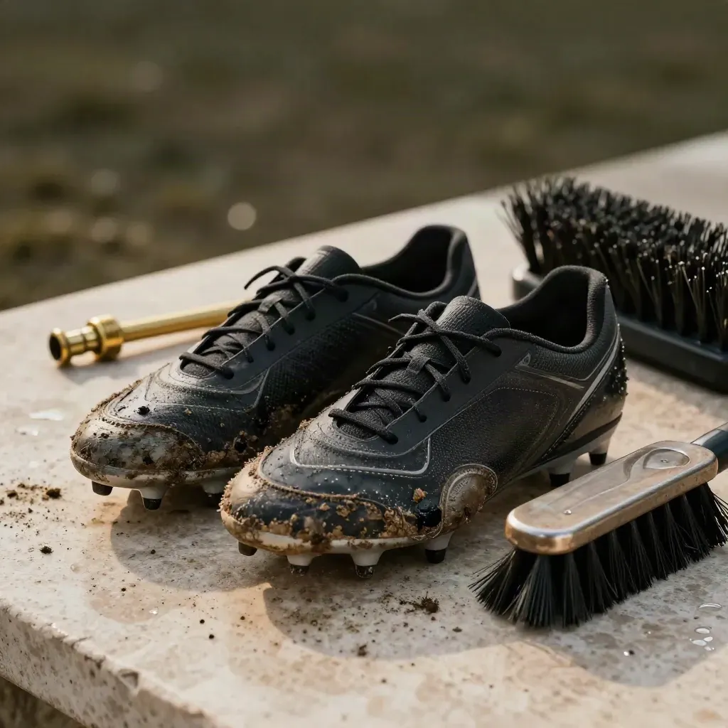 Mud-smeared football studs, shin pad, pump nozzle and brush on travertine stone.