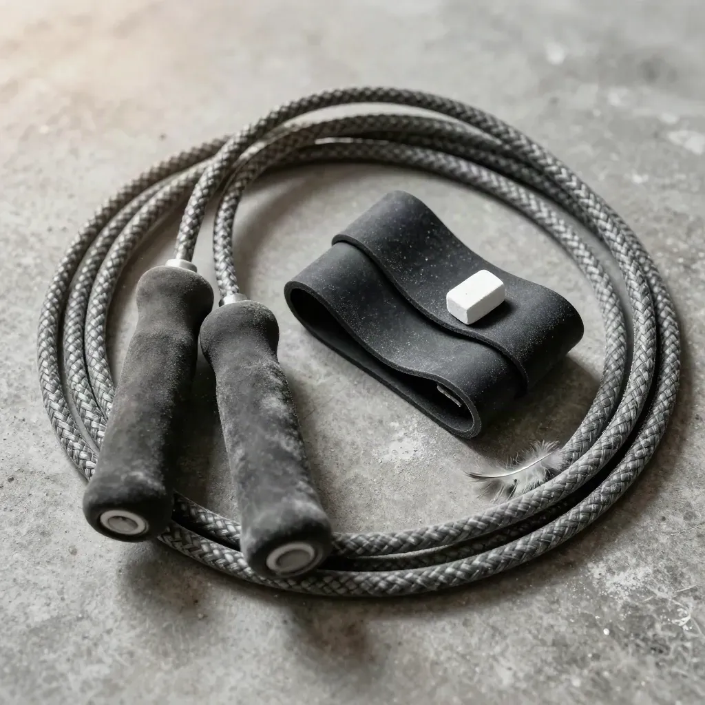 Top-down macro of a jump rope, chalk block and training bands on concrete