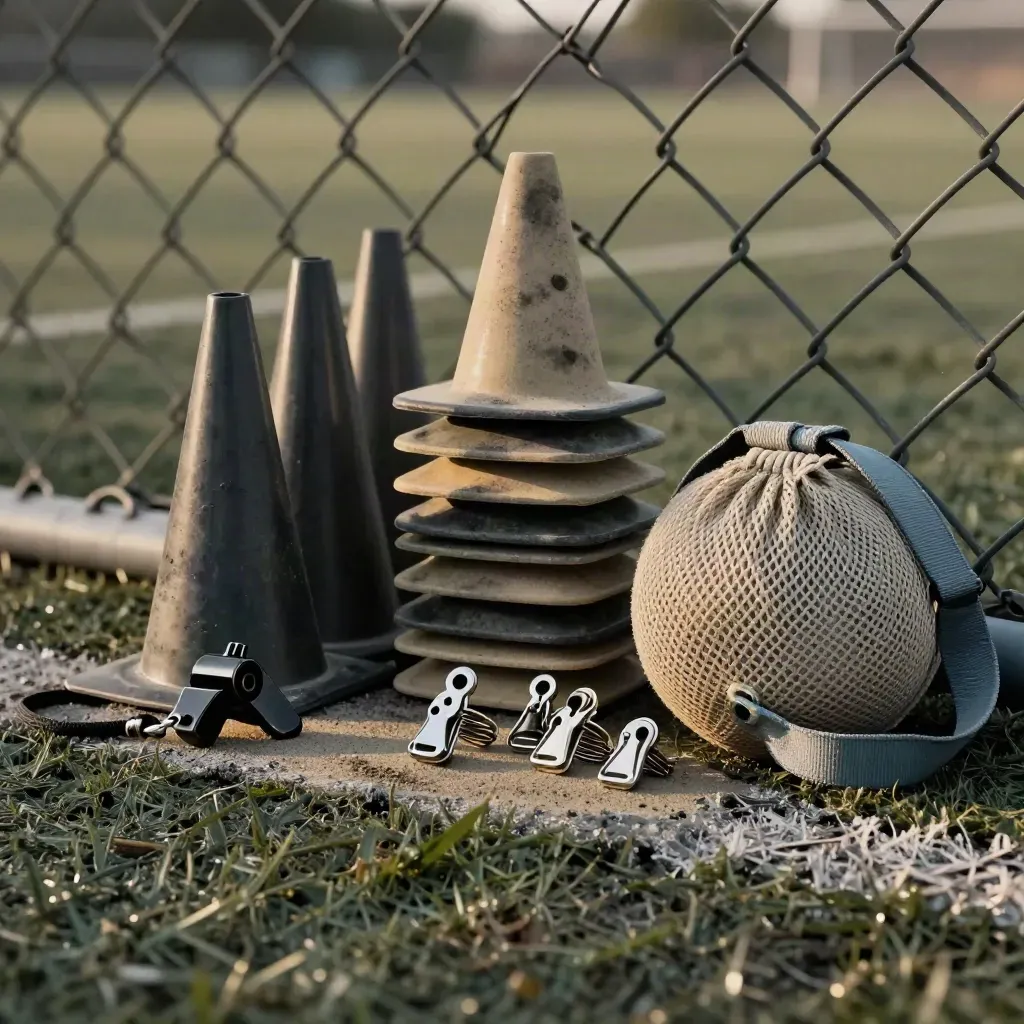 Youth coaching gear on a sideline: whistle, cones, bib clips and mesh ball bag behind chain-link.