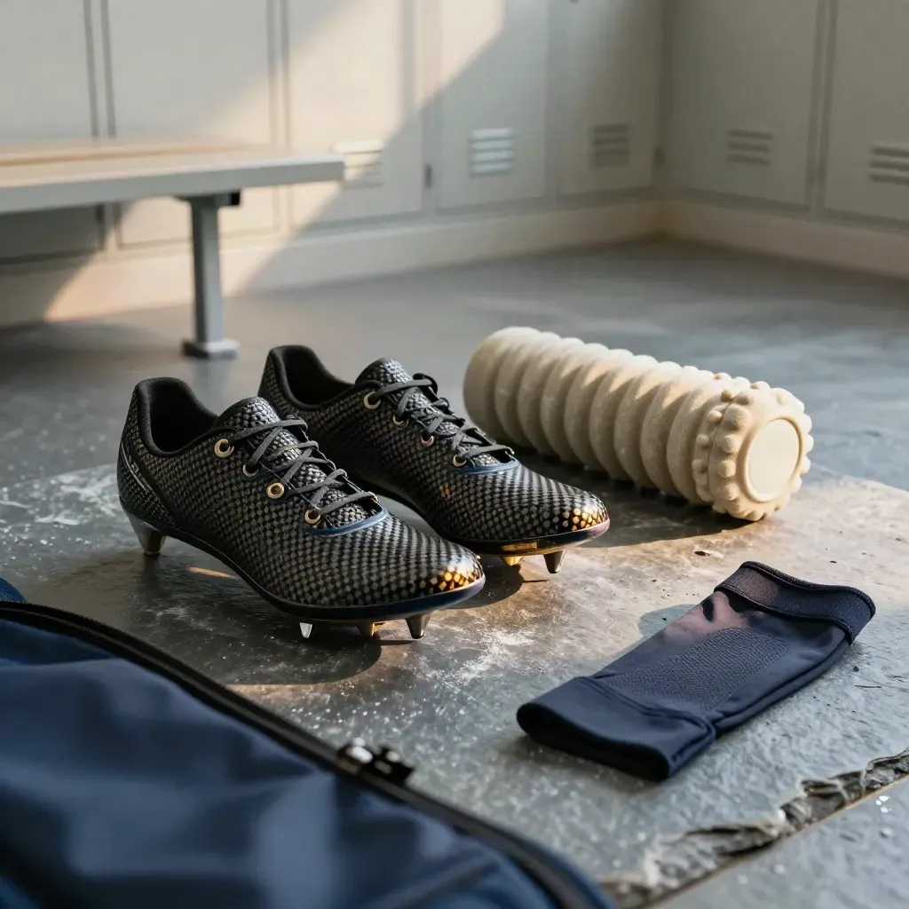 Carbon spikes, foam roller, massage ball and compression sleeve on locker-room stone.
