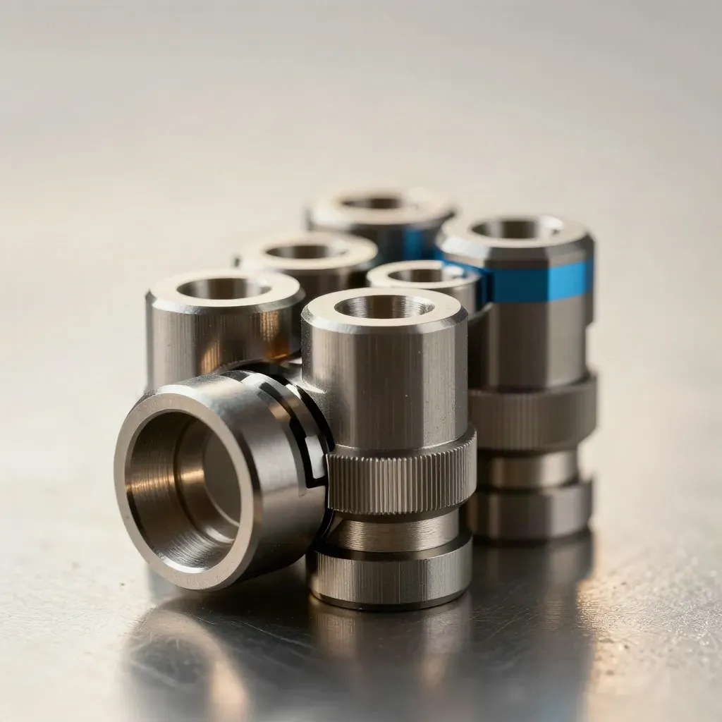 Macro still life of machined connectors and rings on brushed metal with a blue accent.
