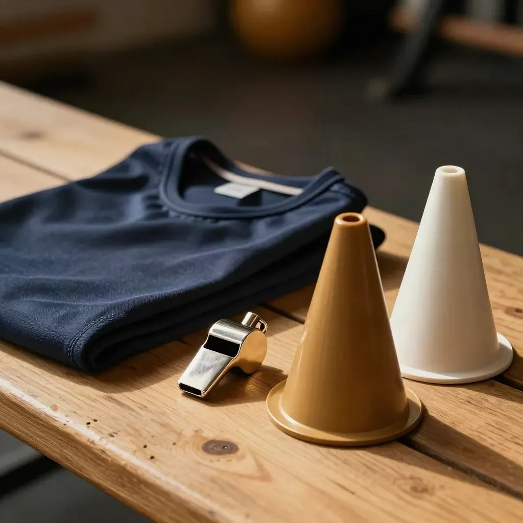 Coach whistle, folded bibs, and two training cones on wood with warm bokeh light.
