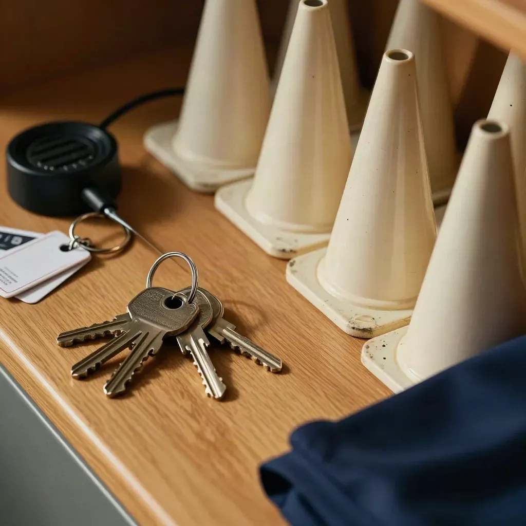 Master keys, radio charger, locker tags and field cones on a warm oak counter