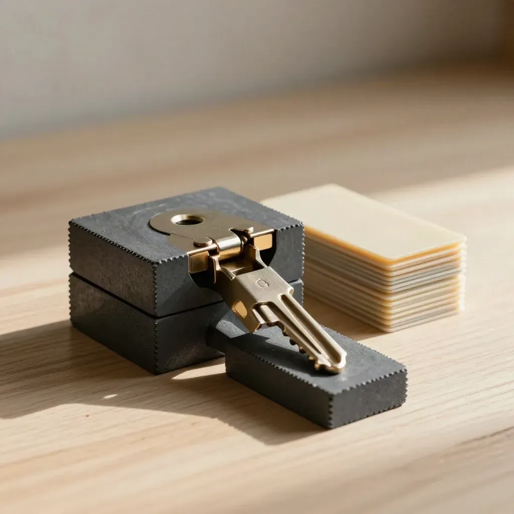 Dramatic still life of graphite blocks, a hinge, and clipped tabs on pale wood.