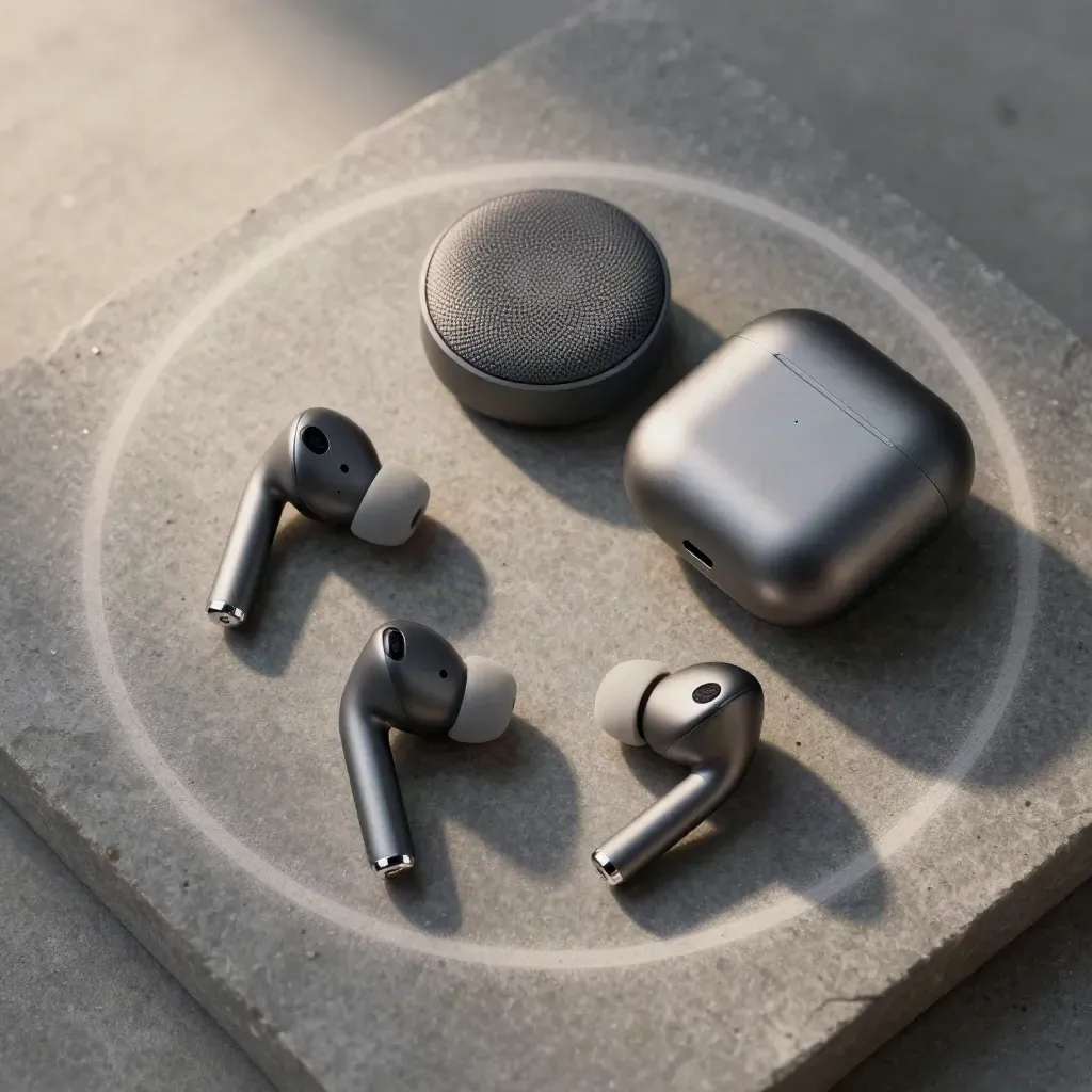 Top-down still life of earbuds, speaker puck, and charging case on cool stone in soft daylight.