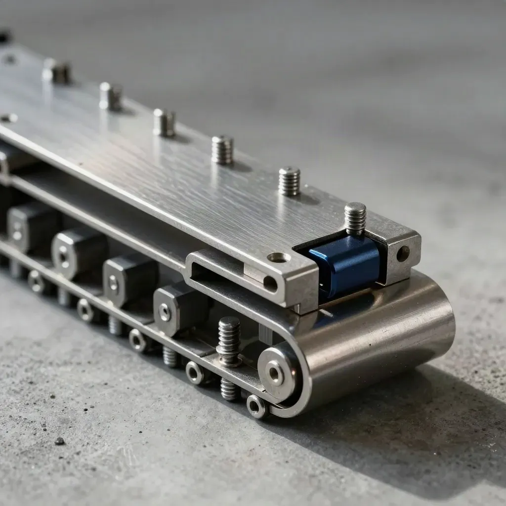 Close-up of graphite metal brackets and connector pins on concrete with a navy accent.